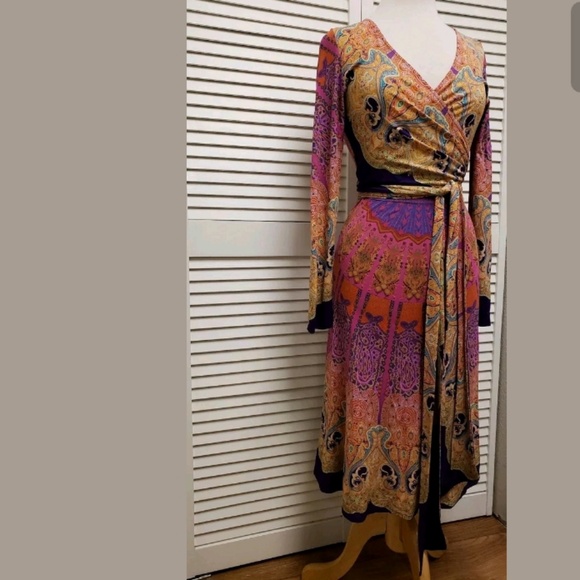 {Etro} Abstract Print Jersey Knit VNeck Wrap Dress - Picture 2 of 8